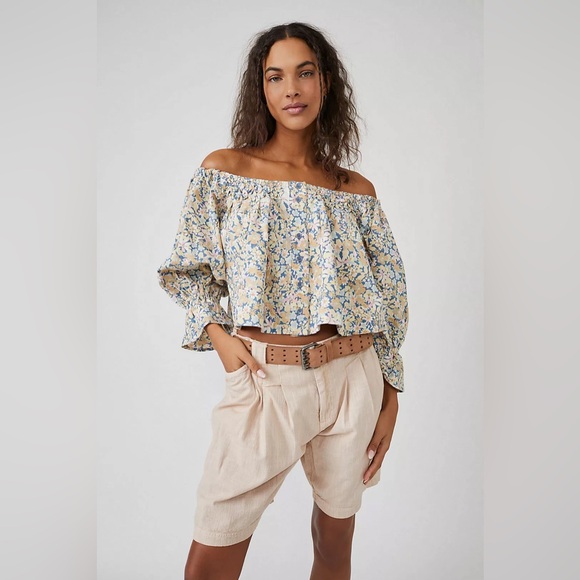 FREE PEOPLE James Floral Cropped Long Sleeve Smocked‎ Top Size Large - Picture 9 of 12